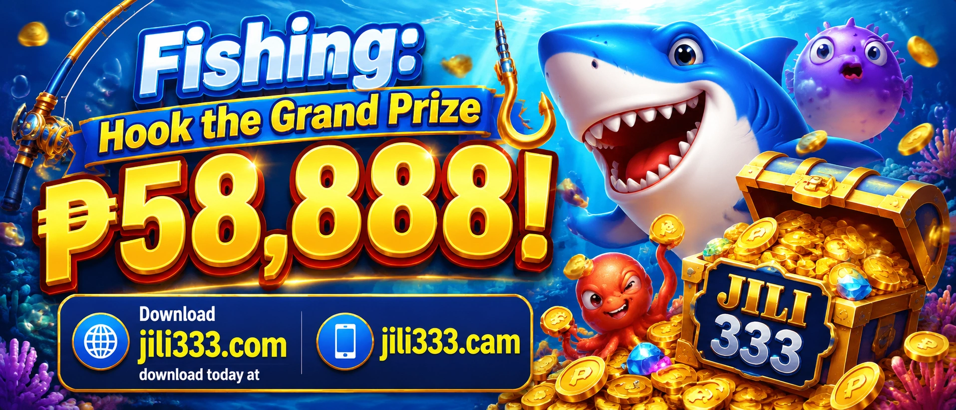 Fishing arcade lobby view showing rooms, fish targets, and coin-based gameplay