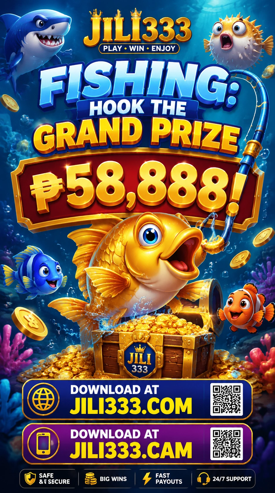 Fishing game room interface with cannon targets and coin action
