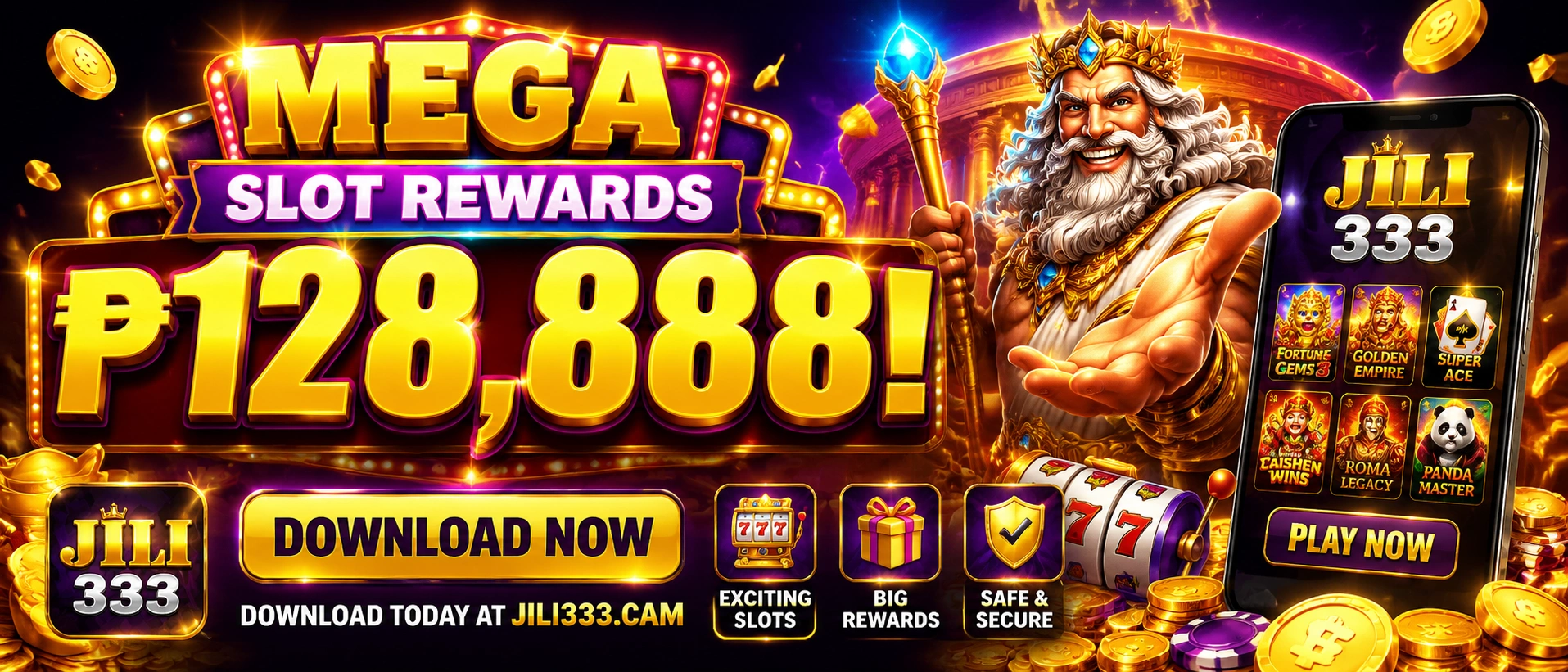 Colorful slot machine interface with feature icons